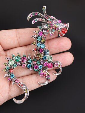 New Multicolor Rhinestone Dragon Brooch In Silver Tone